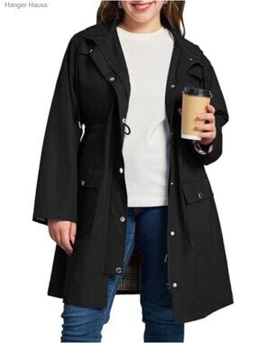 Waterproof Plus Size Rain Jacket Women Hooded Windbreaker Trench Coat with